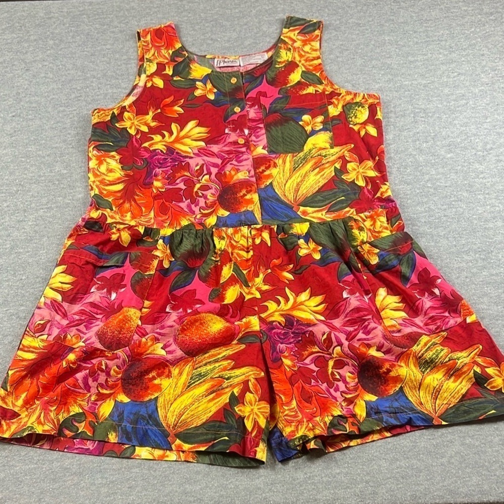 Vintage 100% Cotton Romper Womens Size Large Floral Fruit Pockets Tank Style